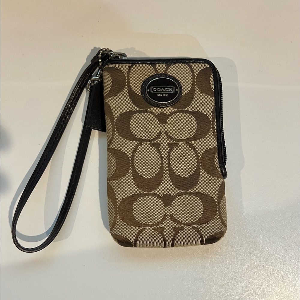 COACH signature jacquard leather brown wristlet